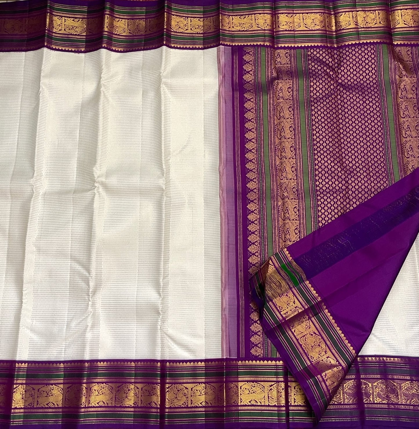 Ivory Pure Silk Kancheepuram Butta Saree - royal purple heritage border detail
