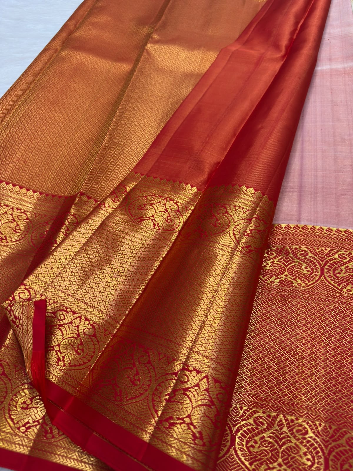 Ivory Handwoven Pure Silk Kancheepuram Korvai Saree with Pillar-Box Red Gold Zari Border