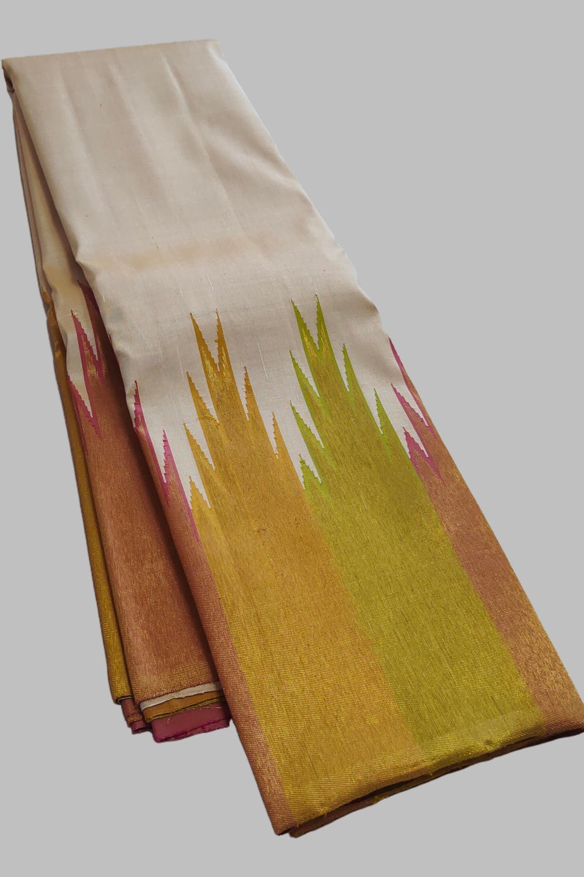 Venpattu Ivory Pure Silk Kanchipuram Ettukol Saree with Multicolour Temple Border