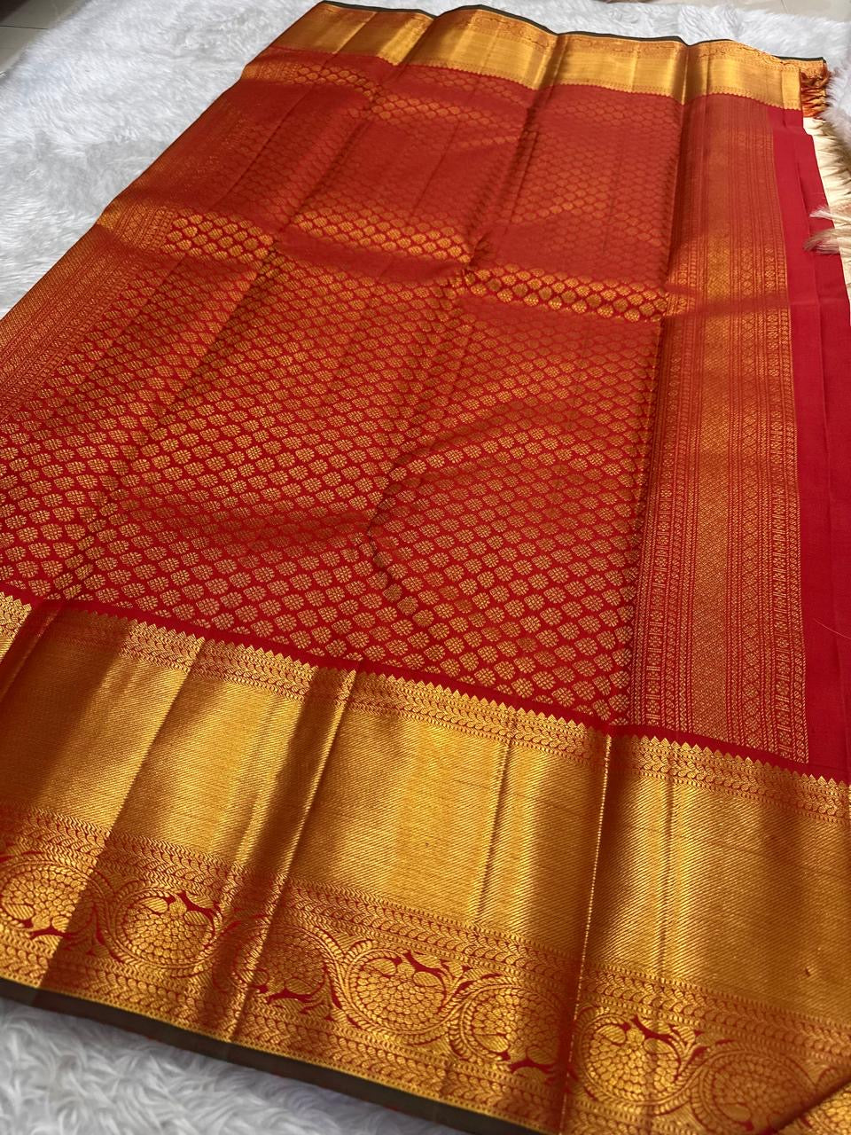 Ivory Kanjeevaram Korvai saree with multicolour meena Kamalam butta and red border — Idam Living