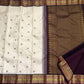 Warm Ivory Pure Silk Kanchipuram Saree | Butta | Aubergine Zari Border