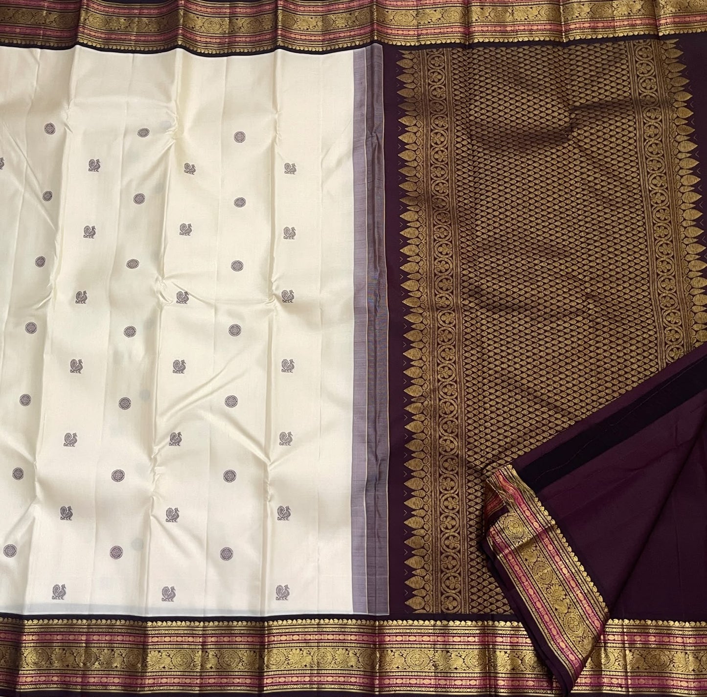 Warm Ivory Pure Silk Kanchipuram Saree | Butta | Aubergine Zari Border