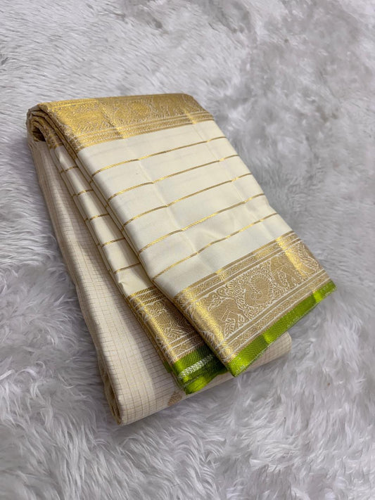 Ivory and Lime Green Handwoven Pure Silk Kanjipuram Saree with Vanasringaram Floral Border