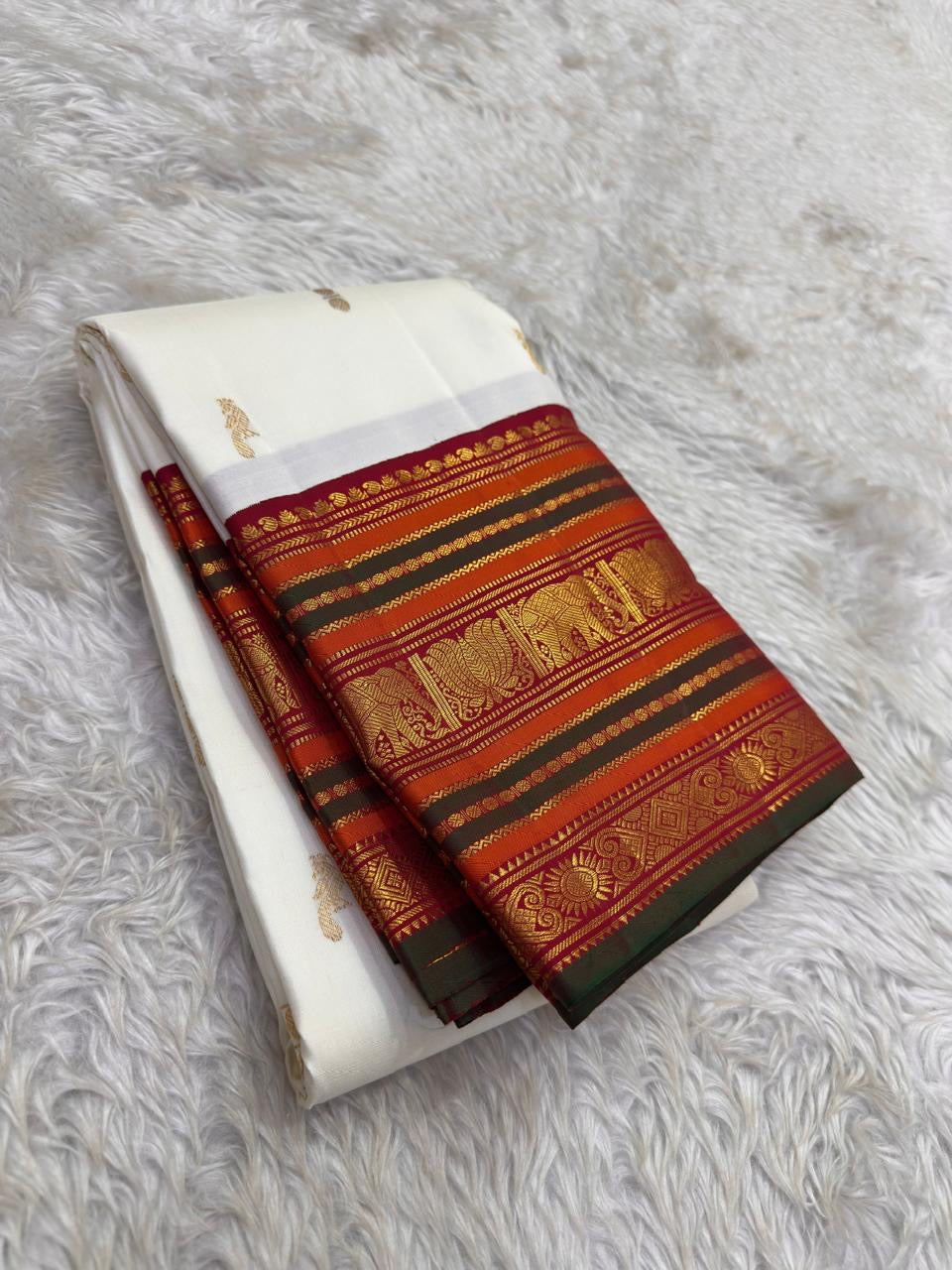 Ivory and Maroon Handwoven Pure Silk Kanjipuram Saree with Maanga Butta and Varisaipet Mubbagam Border