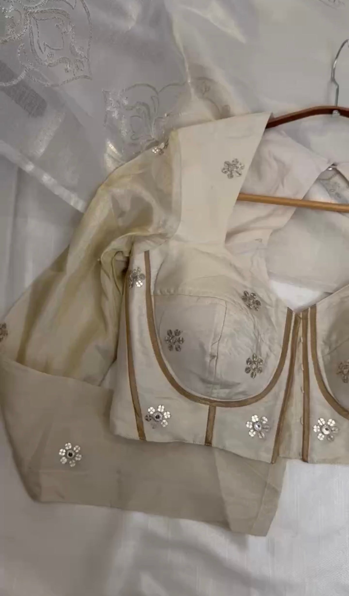 Nila Ivory Tissue Silk Structured Blouse with Gathered Churidar Sleeves and Mirror Work