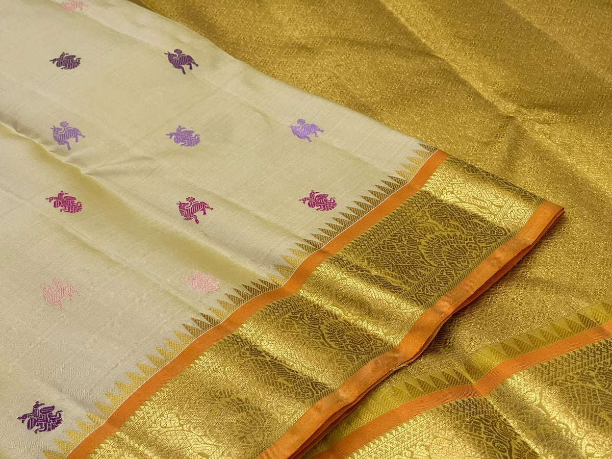 Ivory multicolour Butta Kanjivaram silk saree