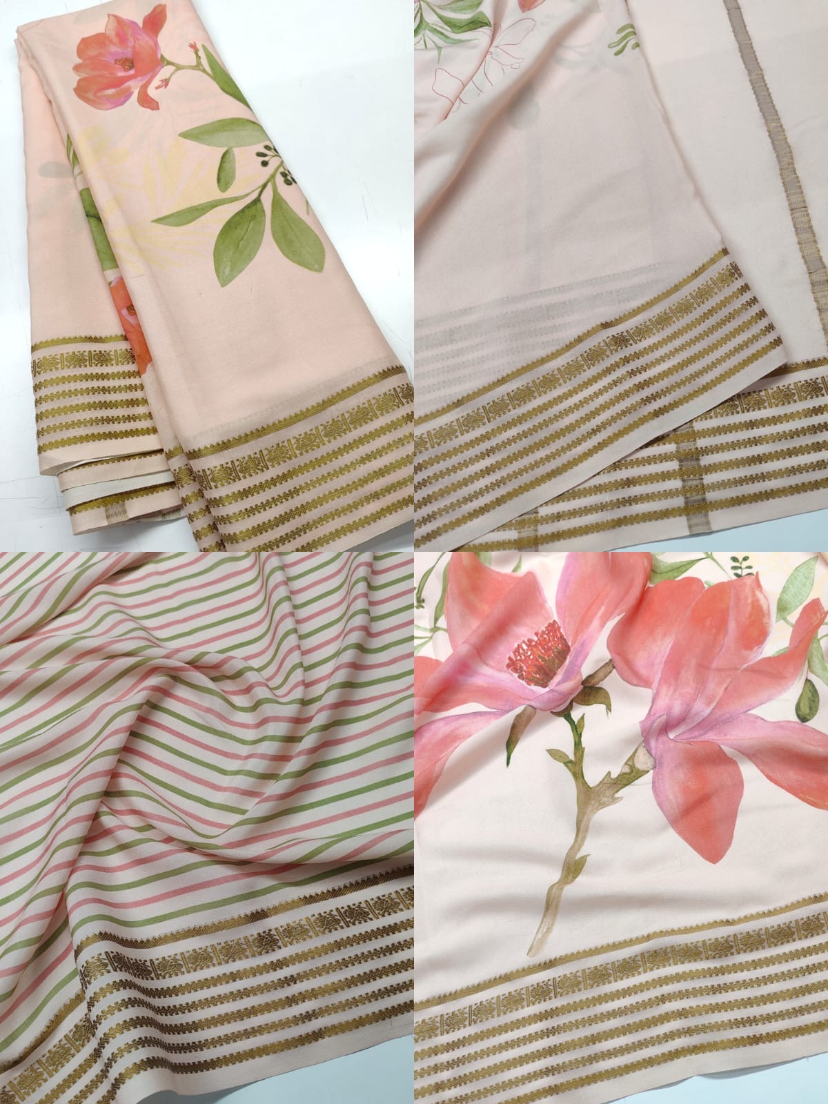 Pure Mysore Silk Crepe Saree Pastel Floral Prints with Zari Border