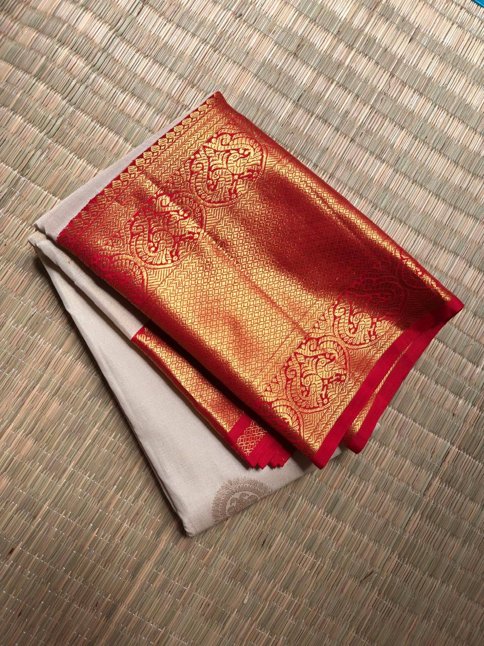 Ivory Handwoven Pure Silk Kancheepuram Korvai Saree with Pillar-Box Red Gold Zari Border