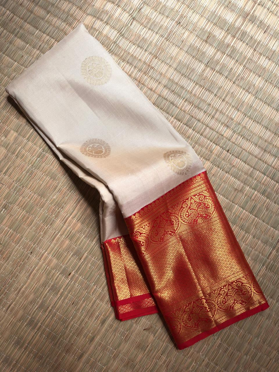 Ivory Handwoven Pure Silk Kancheepuram Korvai Saree with Pillar-Box Red Gold Zari Border