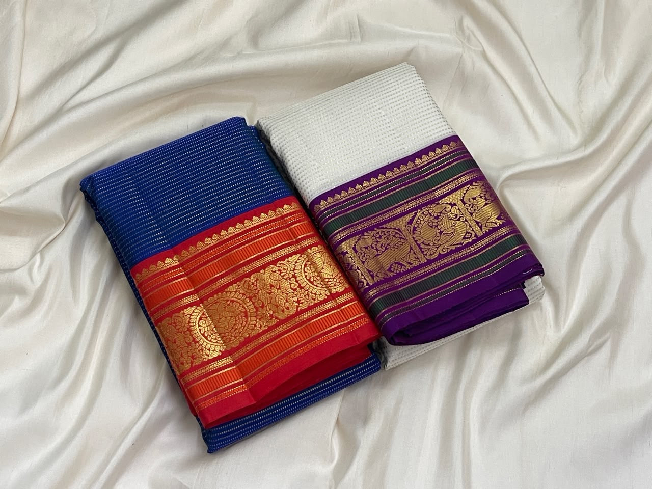 Ivory Pure Silk Kancheepuram Butta Saree - handwoven weave close-up