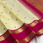 Butter Cream Ivory Handwoven Pure Silk Kancheepuram Rettapet Saree with Raspberry Magenta Zari Border