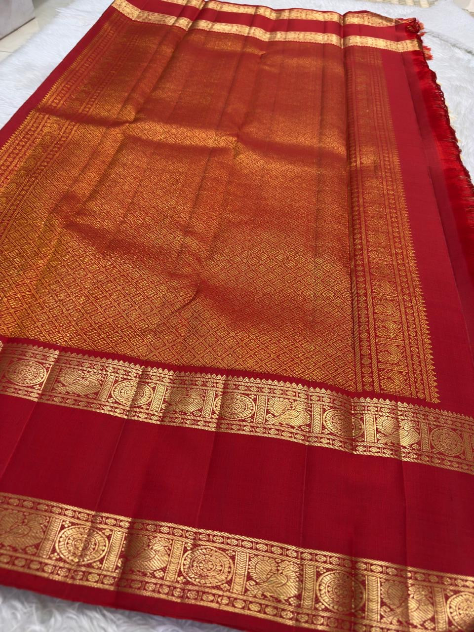 Warm Ivory Handwoven Pure Silk Kanjipuram Saree with Zari Kattam and Pillar-Box Red Border