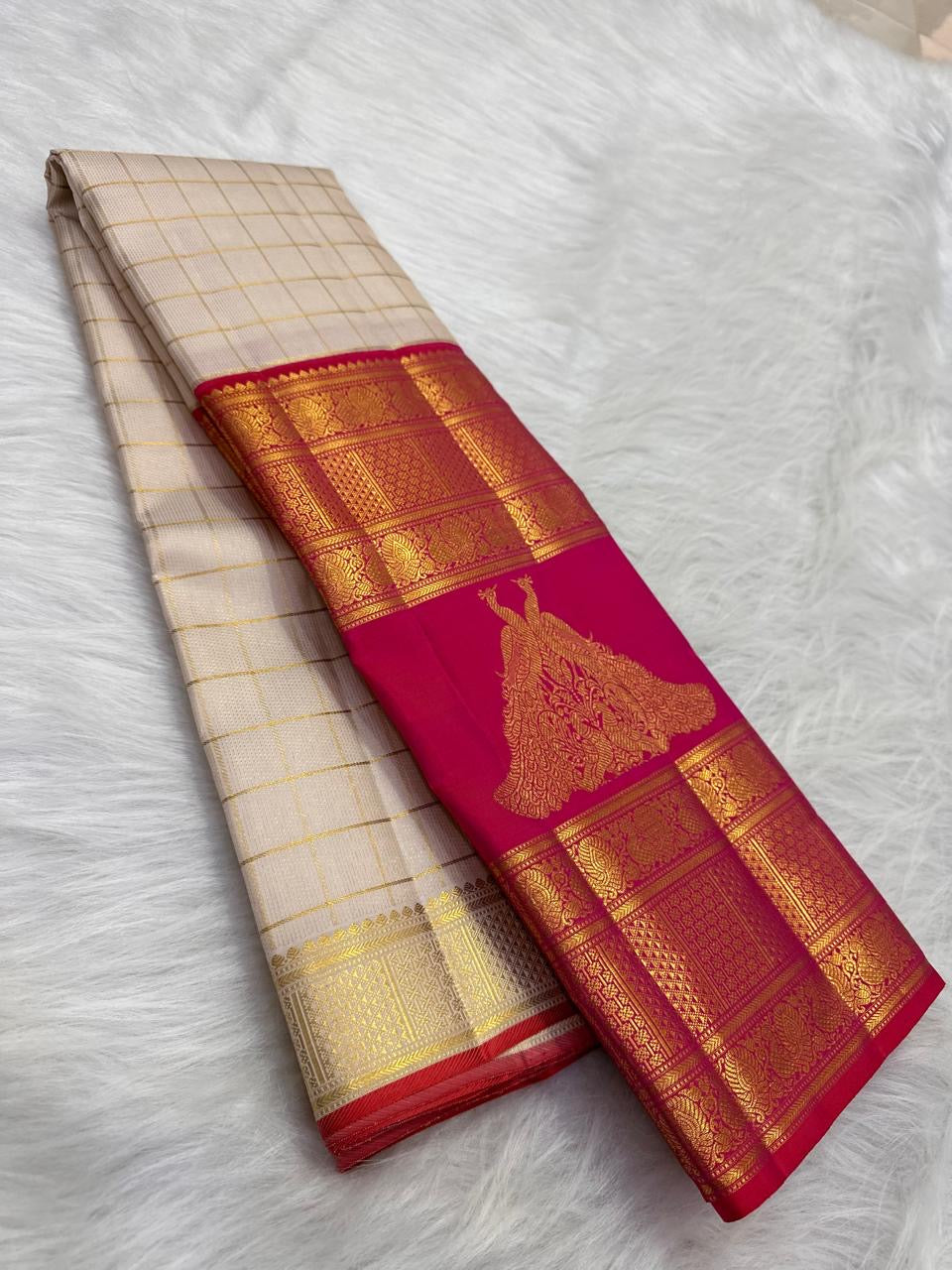 Ivory pure silk Kanjivaram saree — raspberry zari kattam