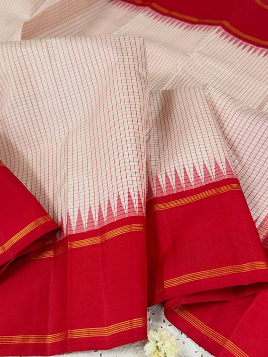 Ivory and Red Handwoven Pure Silk Kanjipuram Saree with Kanchi Kattam Checks and Red Border