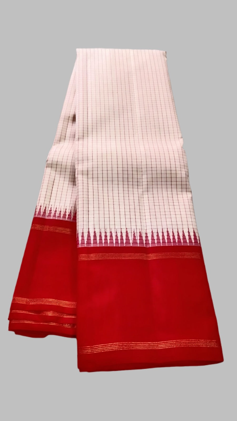 Ivory and Red Handwoven Pure Silk Kanjipuram Saree with Kanchi Kattam Checks and Red Border