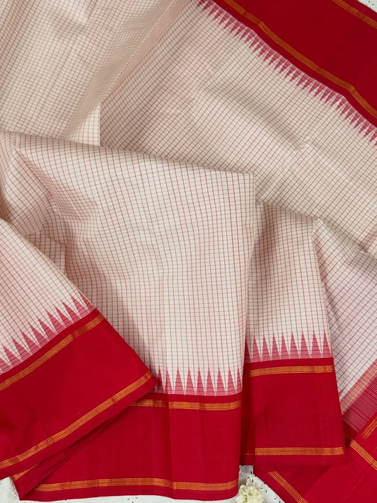 Ivory and Red Handwoven Pure Silk Kanjipuram Saree with Kanchi Kattam Checks and Red Border
