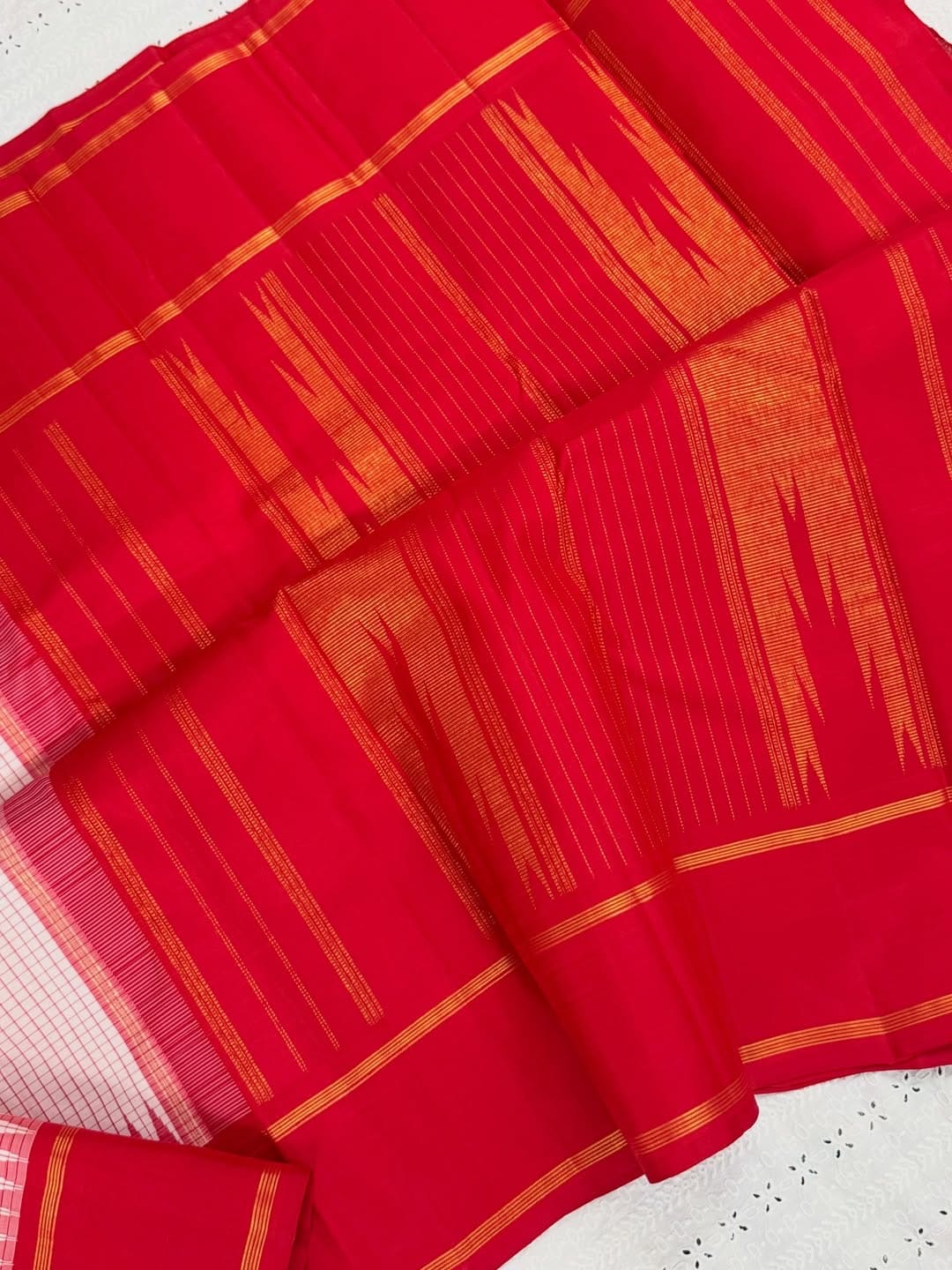 Ivory and Red Handwoven Pure Silk Kanjipuram Saree with Kanchi Kattam Checks and Red Border
