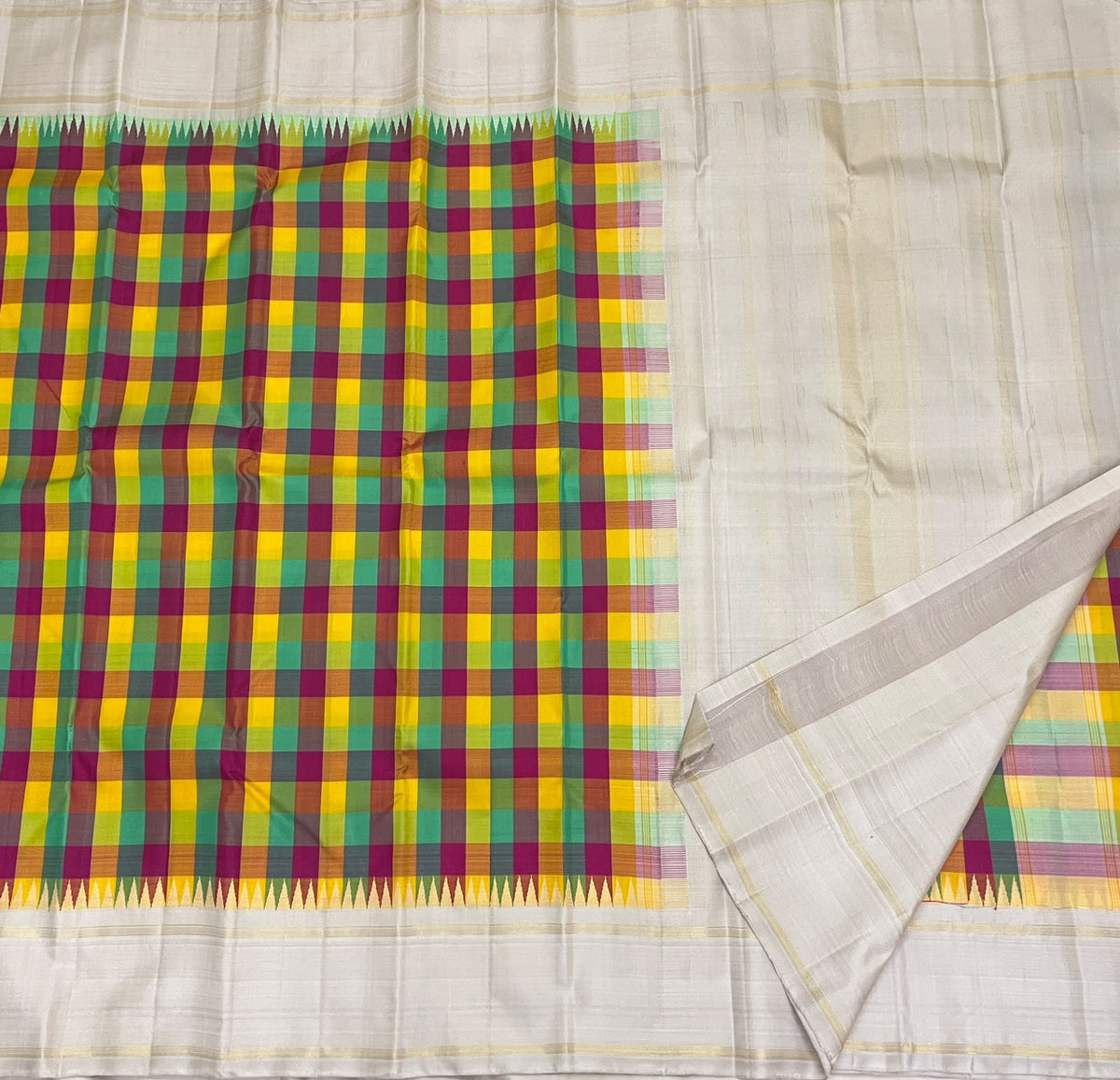Multicolour Jewel Box Checks Handwoven Pure Silk Kanjeevaram Saree with Ivory Rettapet Border, silk body close-up