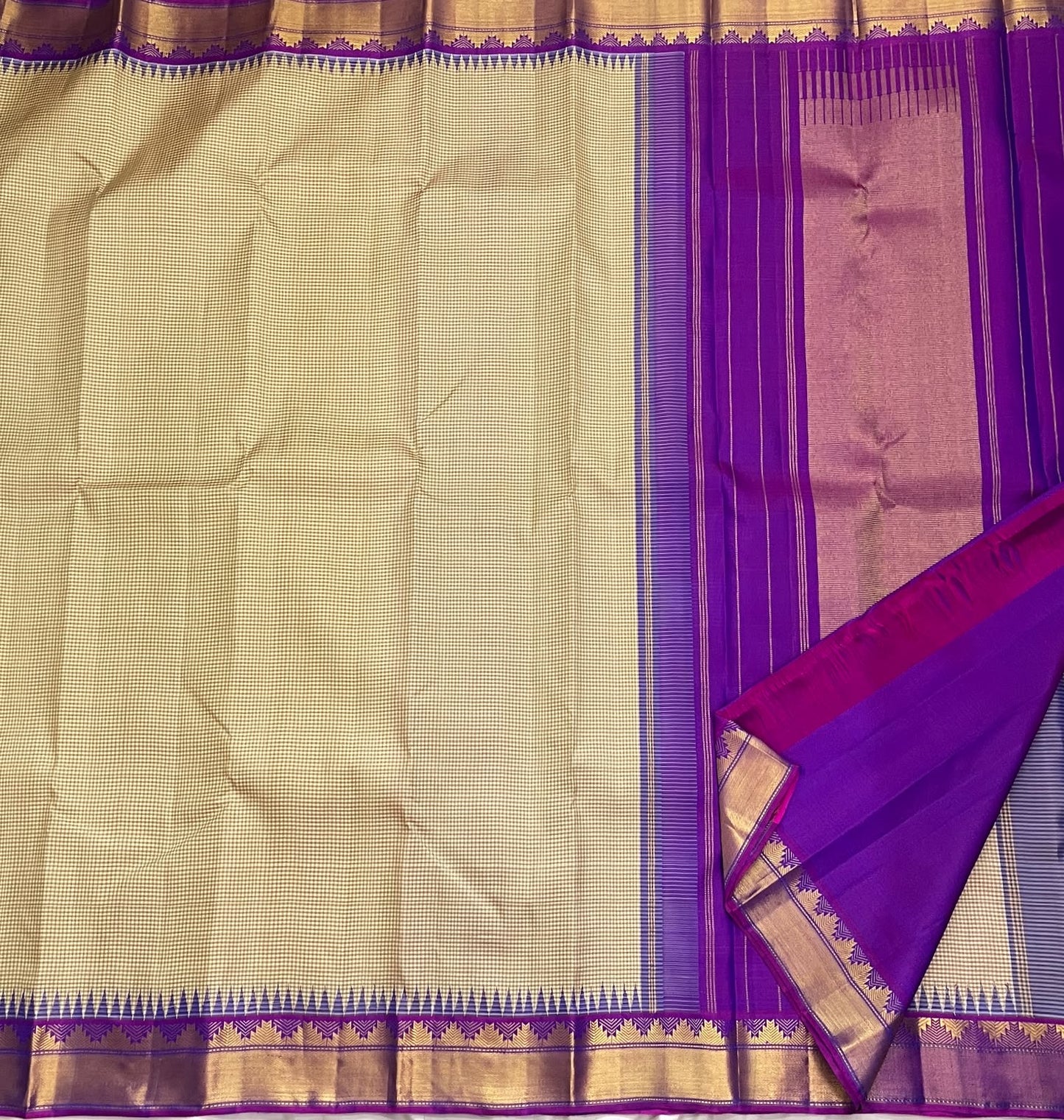 Ivory taupe pure silk Kanchi Kattam Kanjipuram saree, draped front view