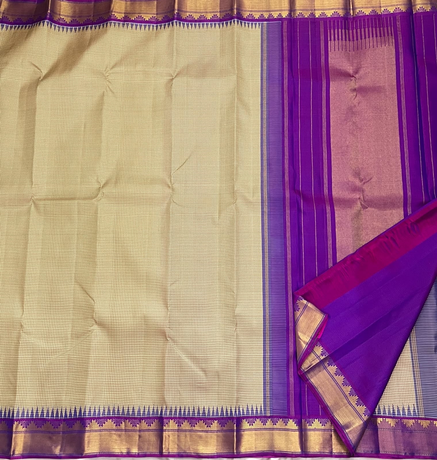 Ivory taupe pure silk Kanchi Kattam Kanjipuram saree, draped front view