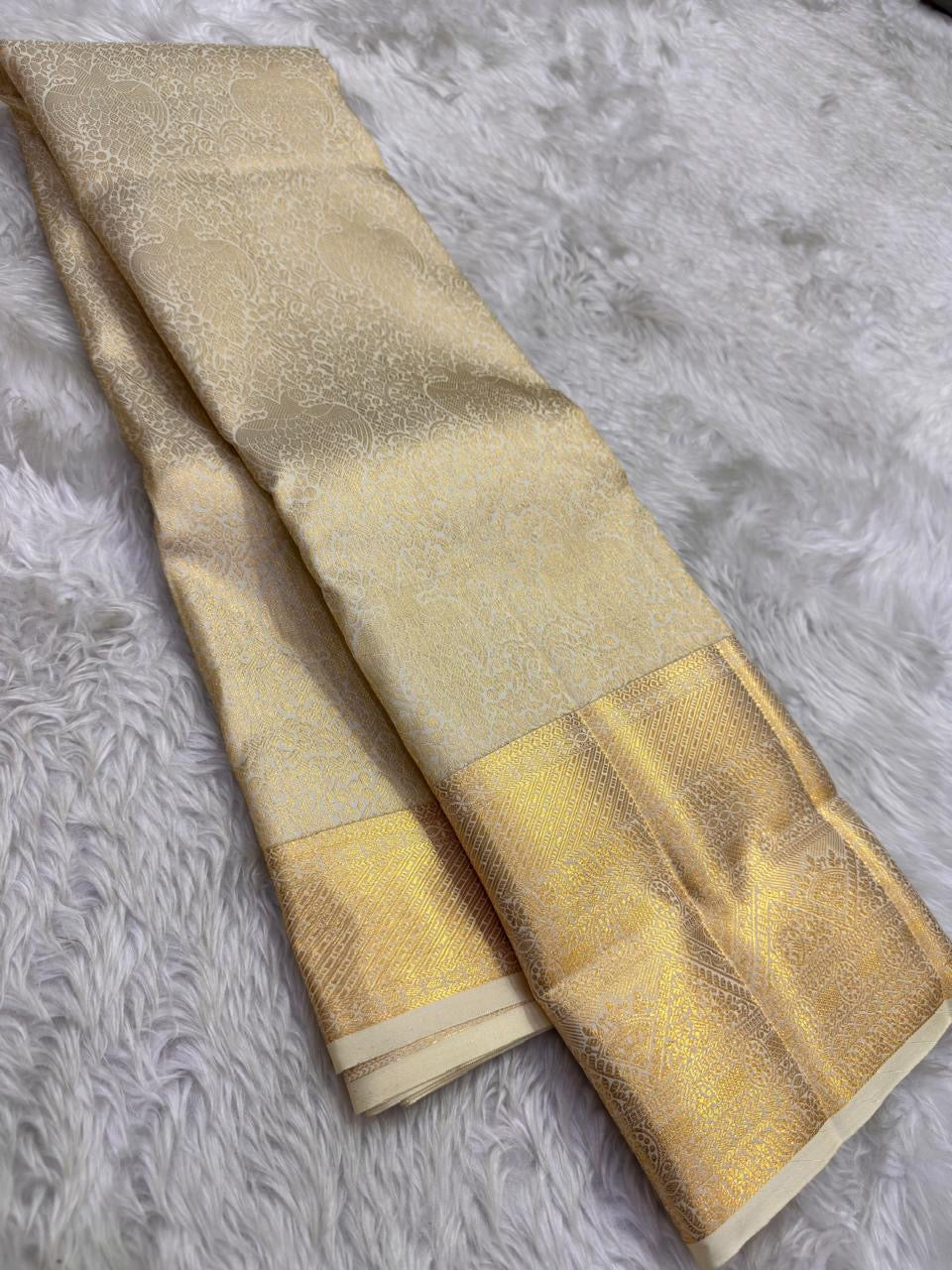 Ivory tissue handwoven pure silk Kancheepuram saree overview — Idam Living