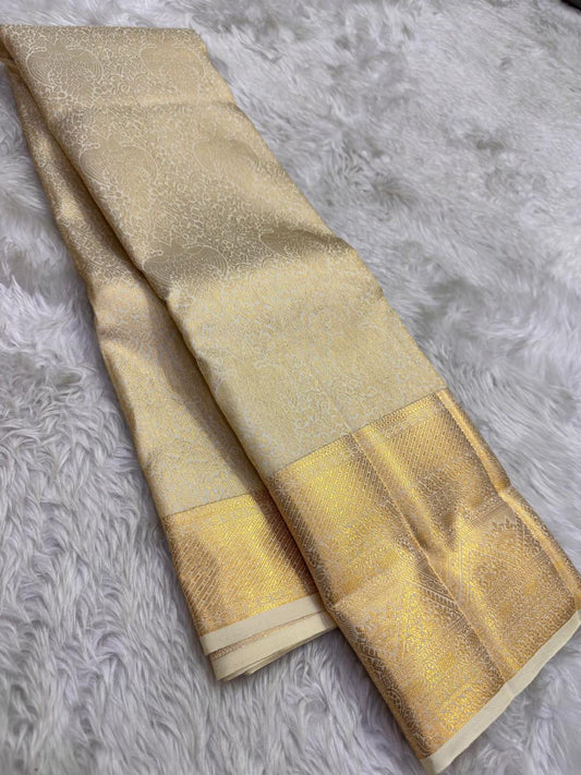 Ivory tissue handwoven pure silk Kancheepuram saree overview — Idam Living