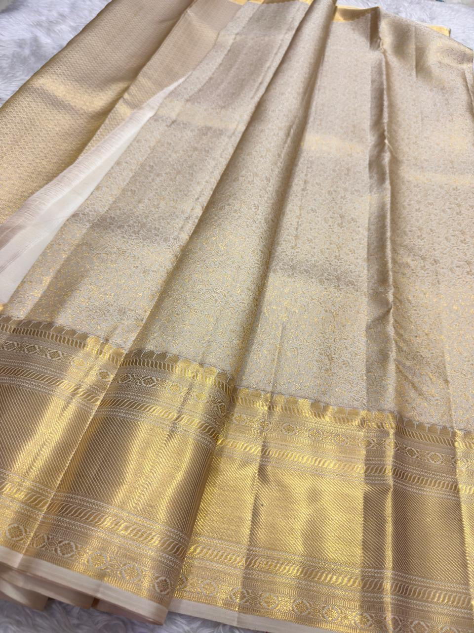 Gold floral jaal detail on champagne tissue silk