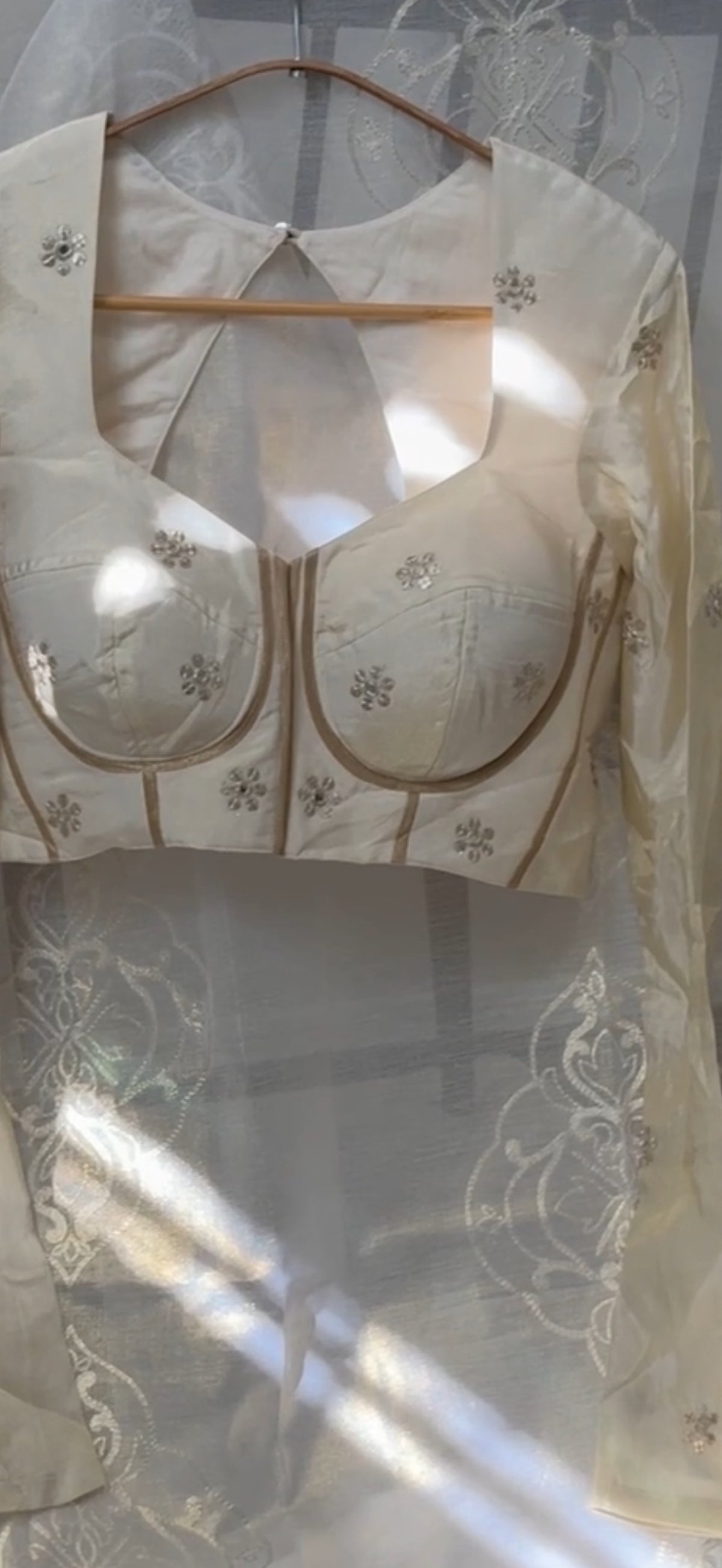 Nila Ivory Tissue Silk Structured Blouse with Gathered Churidar Sleeves and Mirror Work