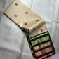 Ivory Handwoven Pure Silk KanchiPattu Saree with Teal and Magenta Varisaipet Border