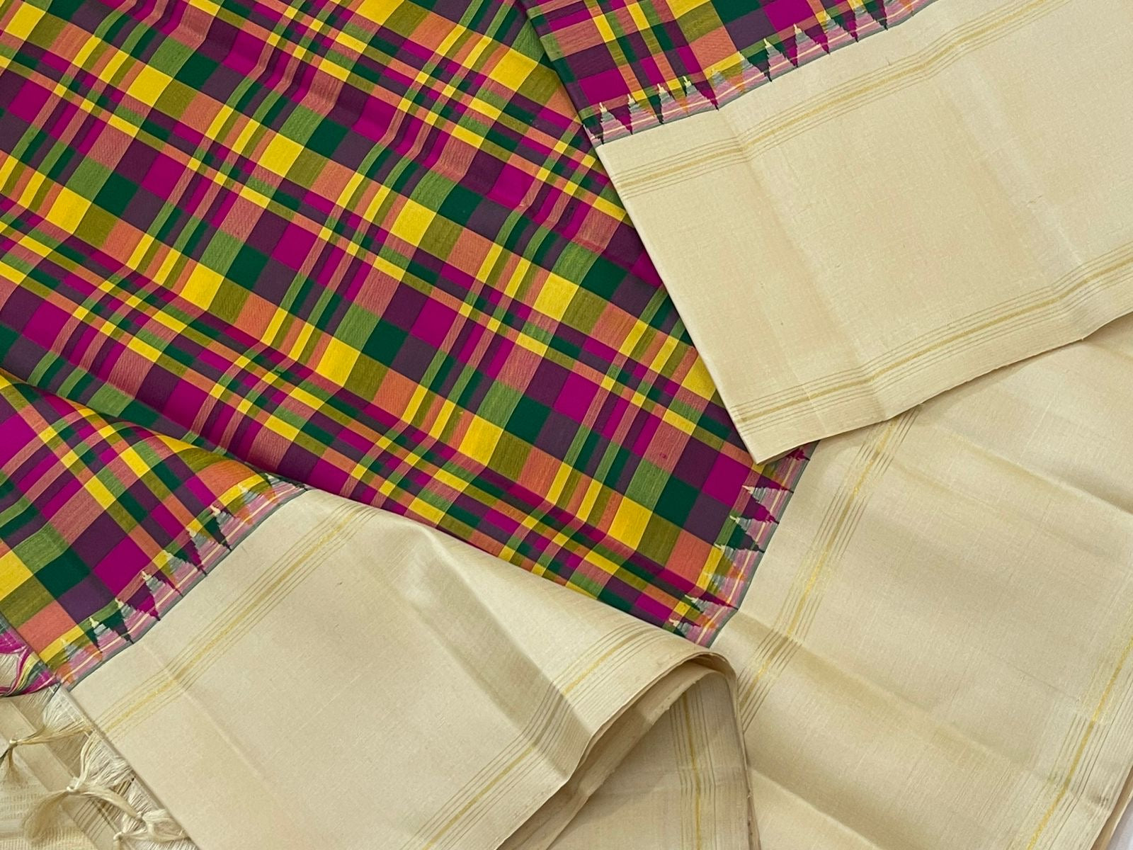 Ivory zari border and pallu detail on multi tone kattam Kanjivaram pure silk saree Idam Living