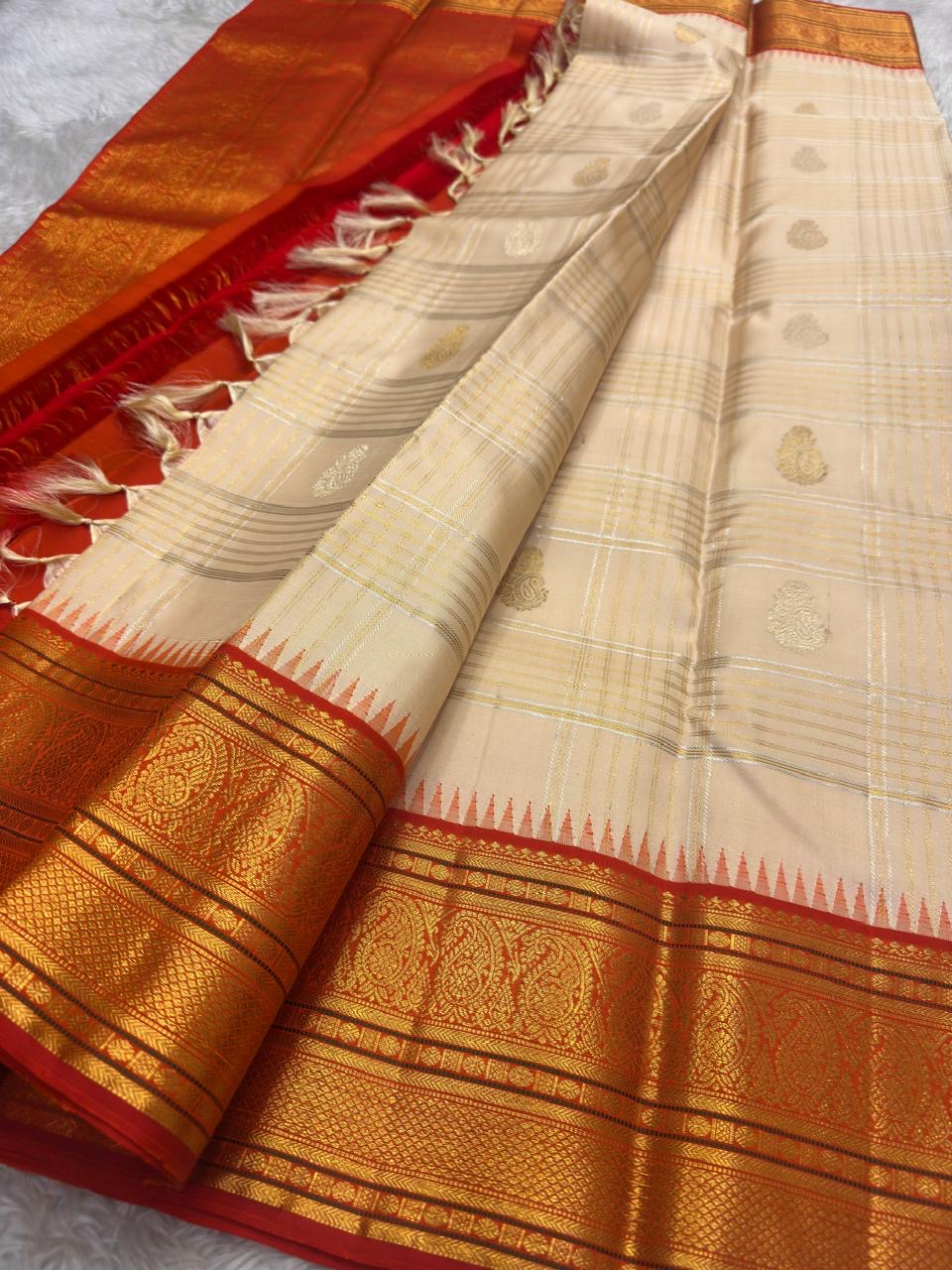 Close view of Zari Kattam body showing Kanchi Kattam stripe grid and Maanga Butta on ivory silk