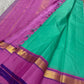 Kanchipattu silk saree in jade green with lily pink border Korvai Kaal Irangiya Border weave traditional zari detail