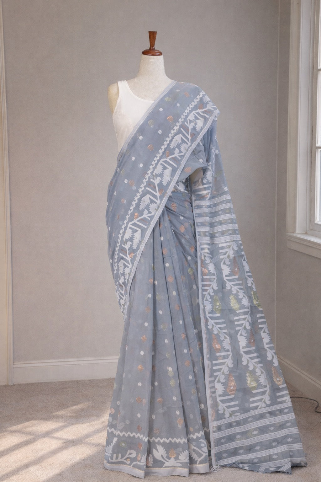 Pure Jamdani Cotton Silk Saree Off White and Grey Handloom Bengal Weave with Woven Buttas