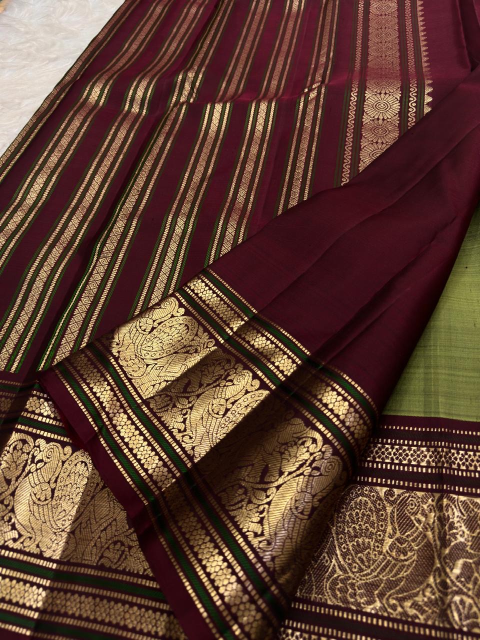 Tender Ilai Pachai Green Pure Silk Kanchi Pattu Peacock Butta Saree with Maroon Border – view 3