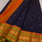 Orange and olive-green Korvai border detail, Naval Pazham purple KanchiPattu saree