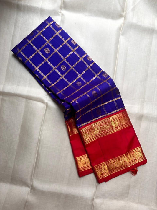Jewel Blue and Deep Vermillion Handwoven Pure Silk Kanchipuram Saree with Veldhari Border and Zari Kattam