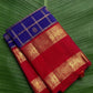 Jewel Blue and Deep Vermillion Handwoven Pure Silk Kanchipuram Saree with Veldhari Border and Zari Kattam