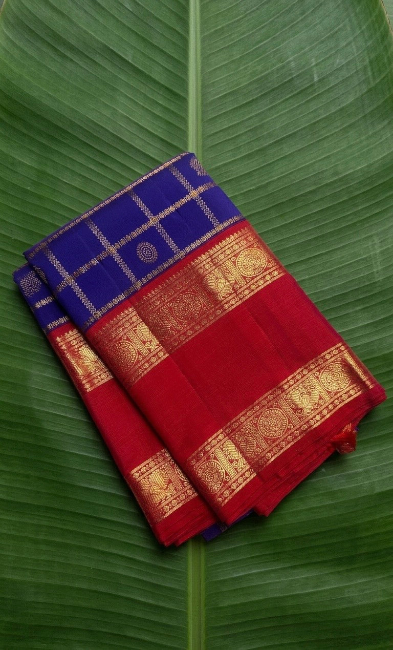 Jewel Blue and Deep Vermillion Handwoven Pure Silk Kanchipuram Saree with Veldhari Border and Zari Kattam