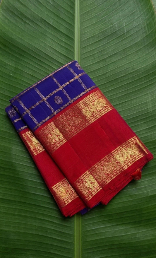 Jewel Blue and Deep Vermillion Handwoven Pure Silk Kanchipuram Saree with Veldhari Border and Zari Kattam