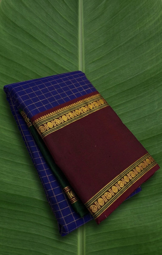 Jewel Blue and Deep Vermillion Handwoven Pure Silk Kanjivaram Saree with Rettapet Border and Zari Kattam