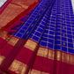 Jewel Blue and Deep Vermillion Handwoven Pure Silk Kanchipuram Saree with Veldhari Border and Zari Kattam