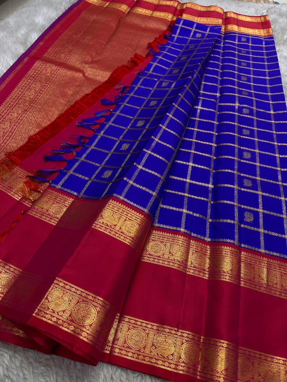 Jewel Blue and Deep Vermillion Handwoven Pure Silk Kanchipuram Saree with Veldhari Border and Zari Kattam