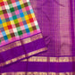 Multicolour Jewel Box Checks Handwoven Pure Silk Kancheepuram Saree with Violet Rettapet Border, contrasting zari border detail