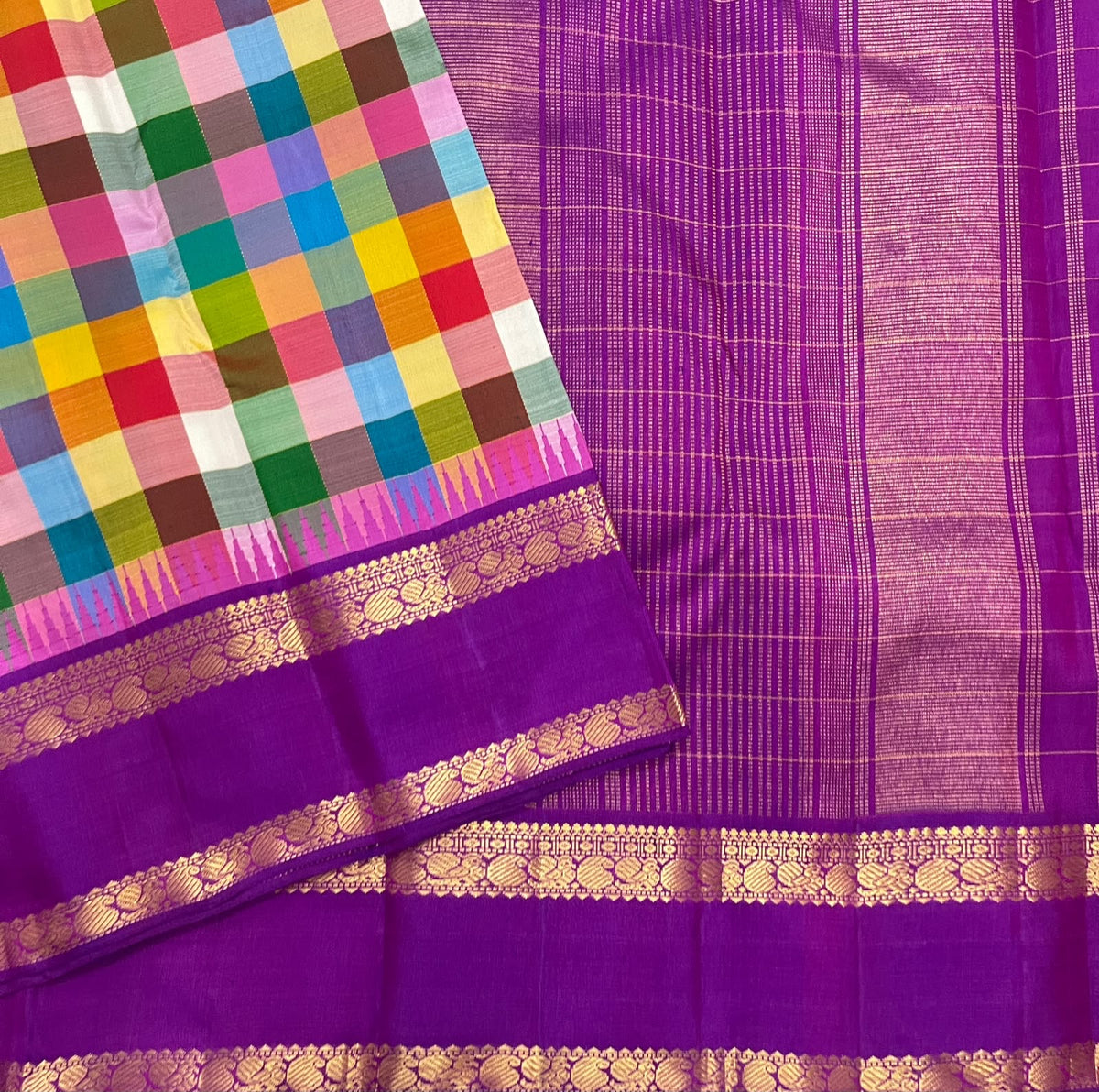Multicolour Jewel Box Checks Handwoven Pure Silk Kancheepuram Saree with Violet Rettapet Border, contrasting zari border detail