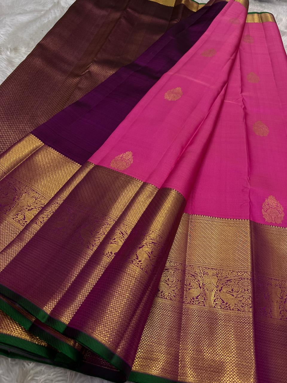 Jewel Pink Handwoven Pure Silk Kancheepuram Butta Saree with Thick Getti Zari Border and Green Selvedge