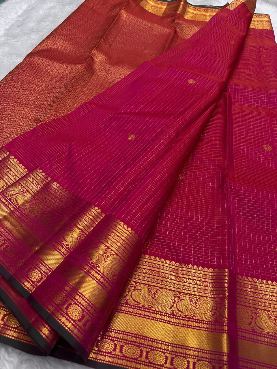 Jewel Pink and Antique Gold Handwoven Pure Silk Kanchipuram Saree with Zari Kattam and Mayil Chakram Border
