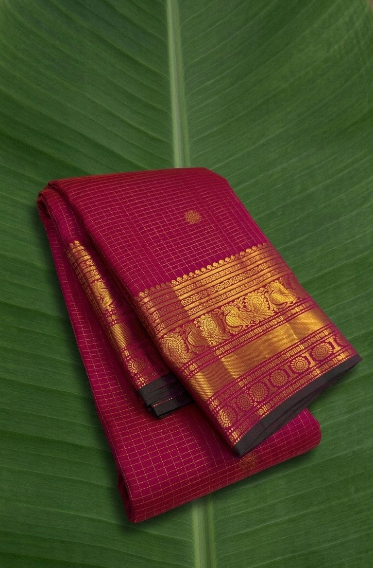 Jewel Pink and Antique Gold Handwoven Pure Silk Kanchipuram Saree with Zari Kattam and Mayil Chakram Border