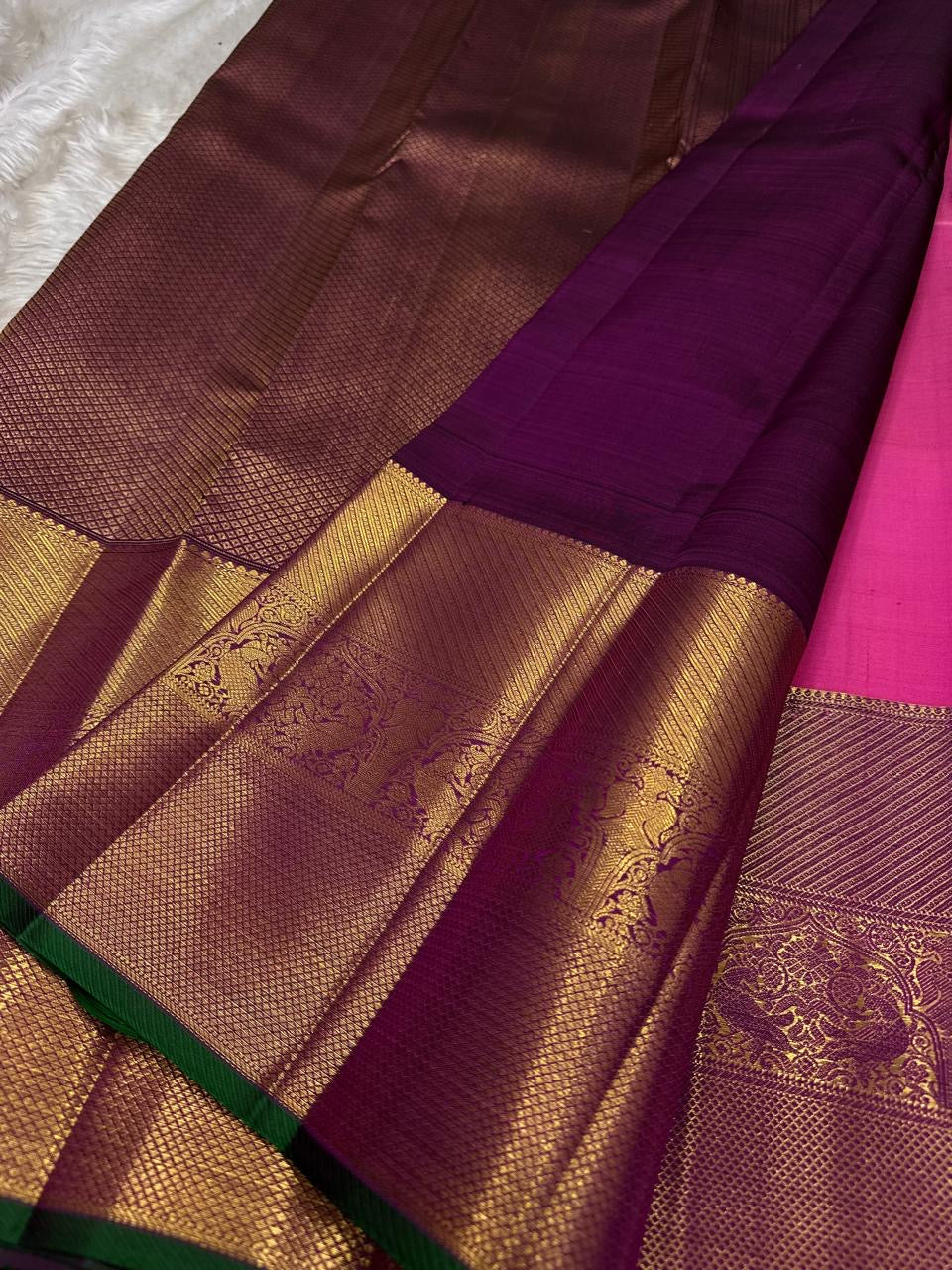 Jewel Pink Handwoven Pure Silk Kancheepuram Butta Saree with Thick Getti Zari Border and Green Selvedge