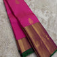 Jewel Pink Handwoven Pure Silk Kancheepuram Butta Saree with Thick Getti Zari Border and Green Selvedge