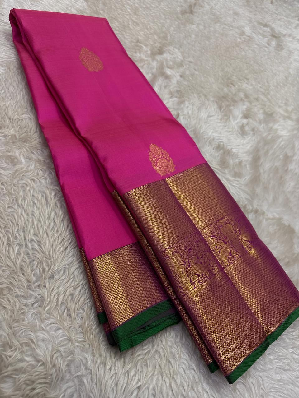 Jewel Pink Handwoven Pure Silk Kancheepuram Butta Saree with Thick Getti Zari Border and Green Selvedge